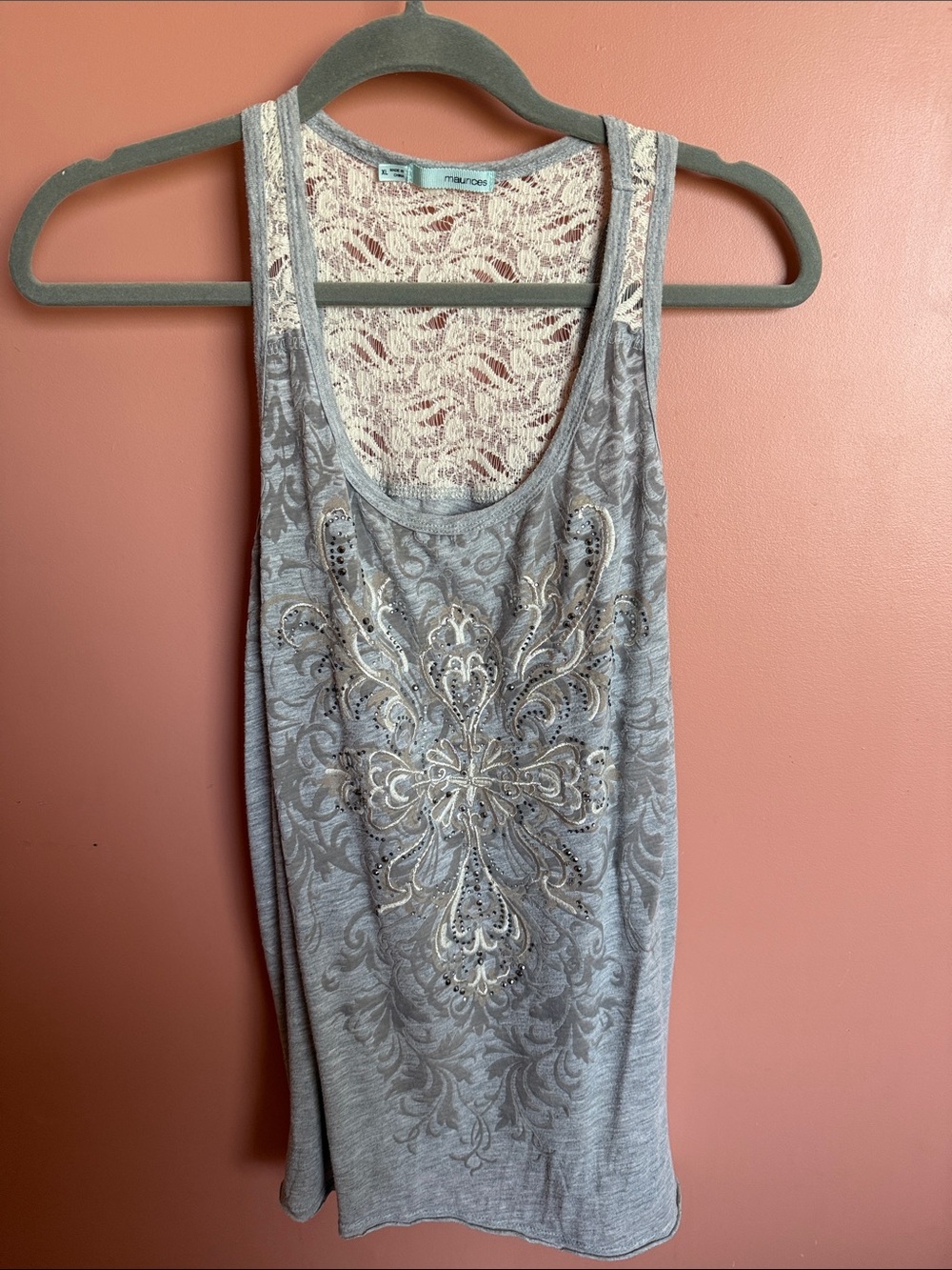 Maurices Light Gray Embellished Lace-Back Tank